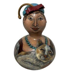 Hand Painted Gourd Folk Art Cat Lady “Lovely Linda” Signed Paula Goheen 11” Tall
